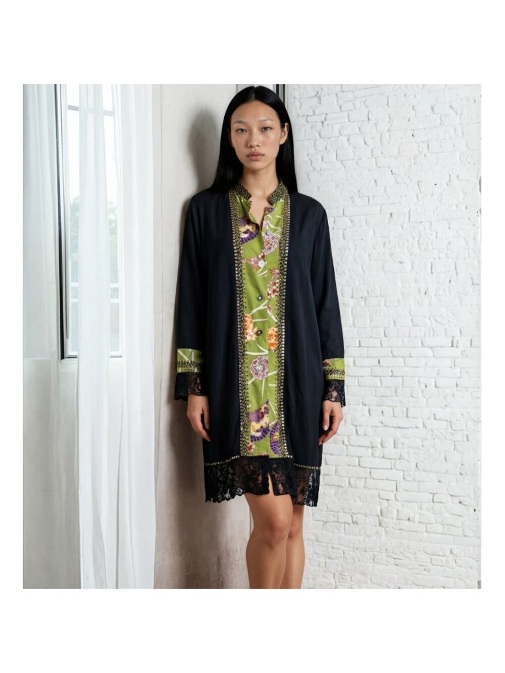 USINDO Jacket Dress Women S Black Green Floral Rayon Lace Trim Tie Waist Boho